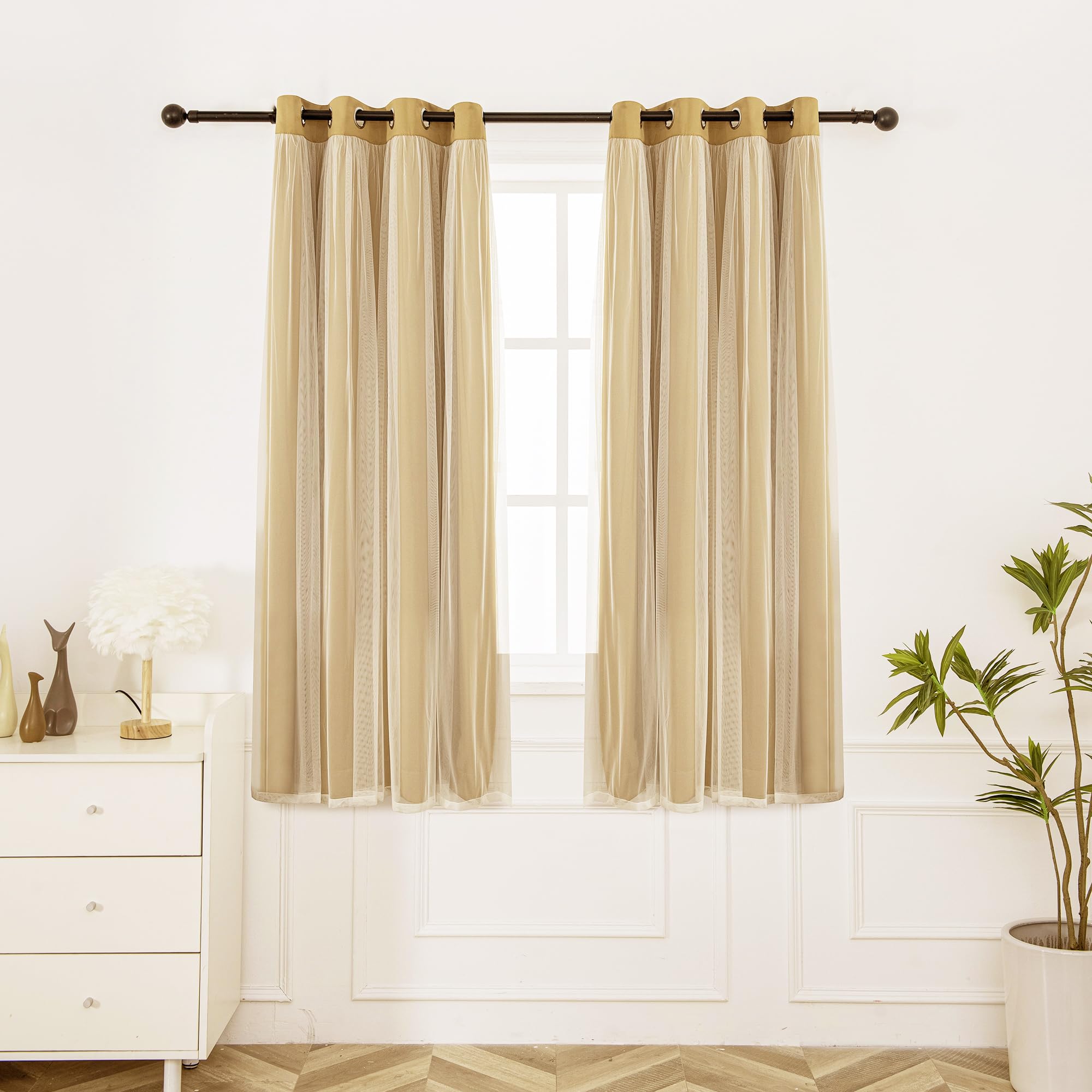 Photo 1 of INLINAS Gold Blackout Curtains with Sheer Overlay - Grommet Top Thermal and Noise Reduction Panels for Bedroom and Living Room Light Blocking and Energy Saving, 52 x 63 Inches, Set of 2