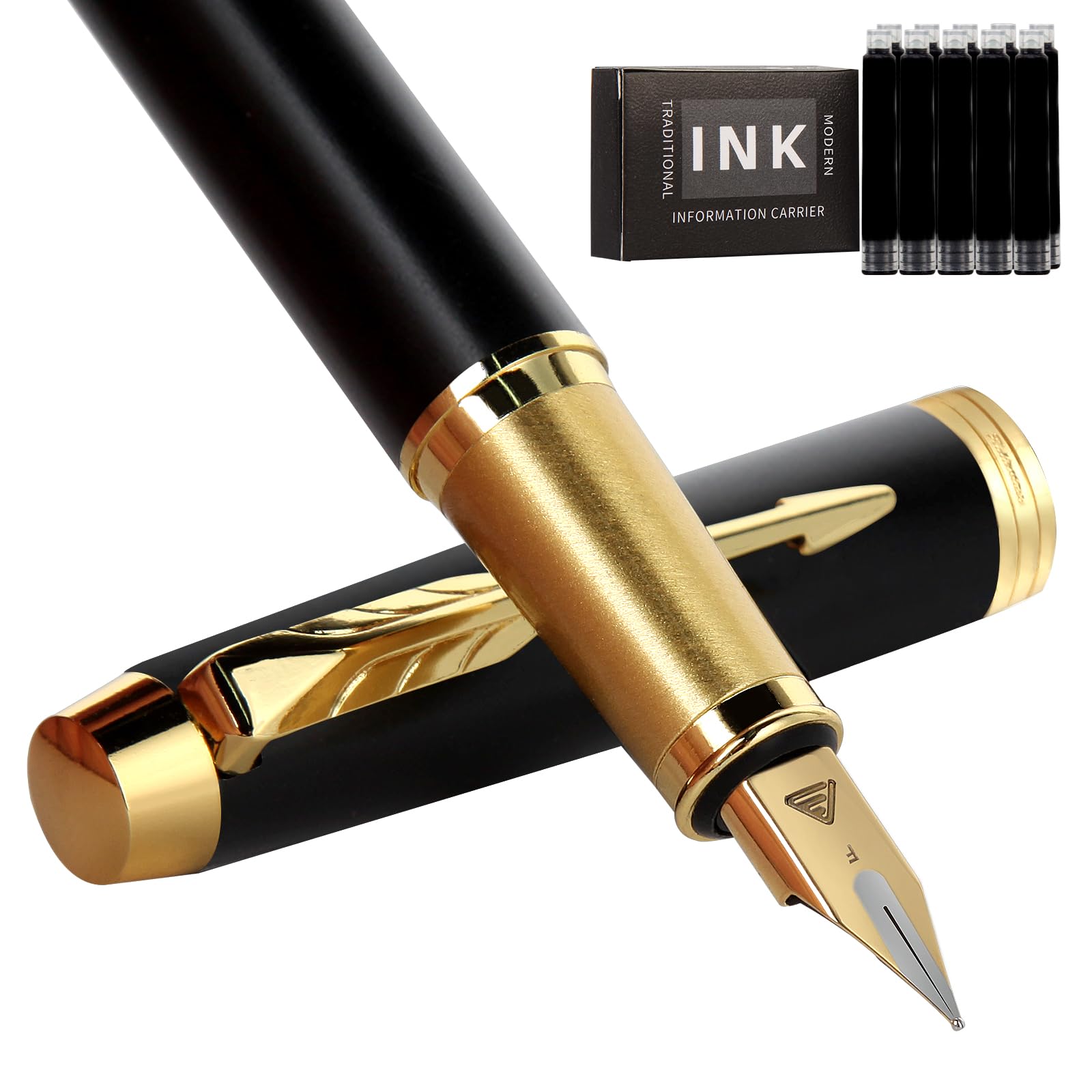 Zalantan Fountain Pen,luxury Fine point smooth writing pens for journaling fancy pens with Gift Case 8 black ink cartridges an ink converte nice pens metal pen writer gifts (Matte Black)