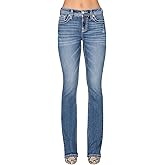 Miss Me Women's Mid-Rise Bootcut Jeans, Silver and Turquoise Cross, Stretch Denim