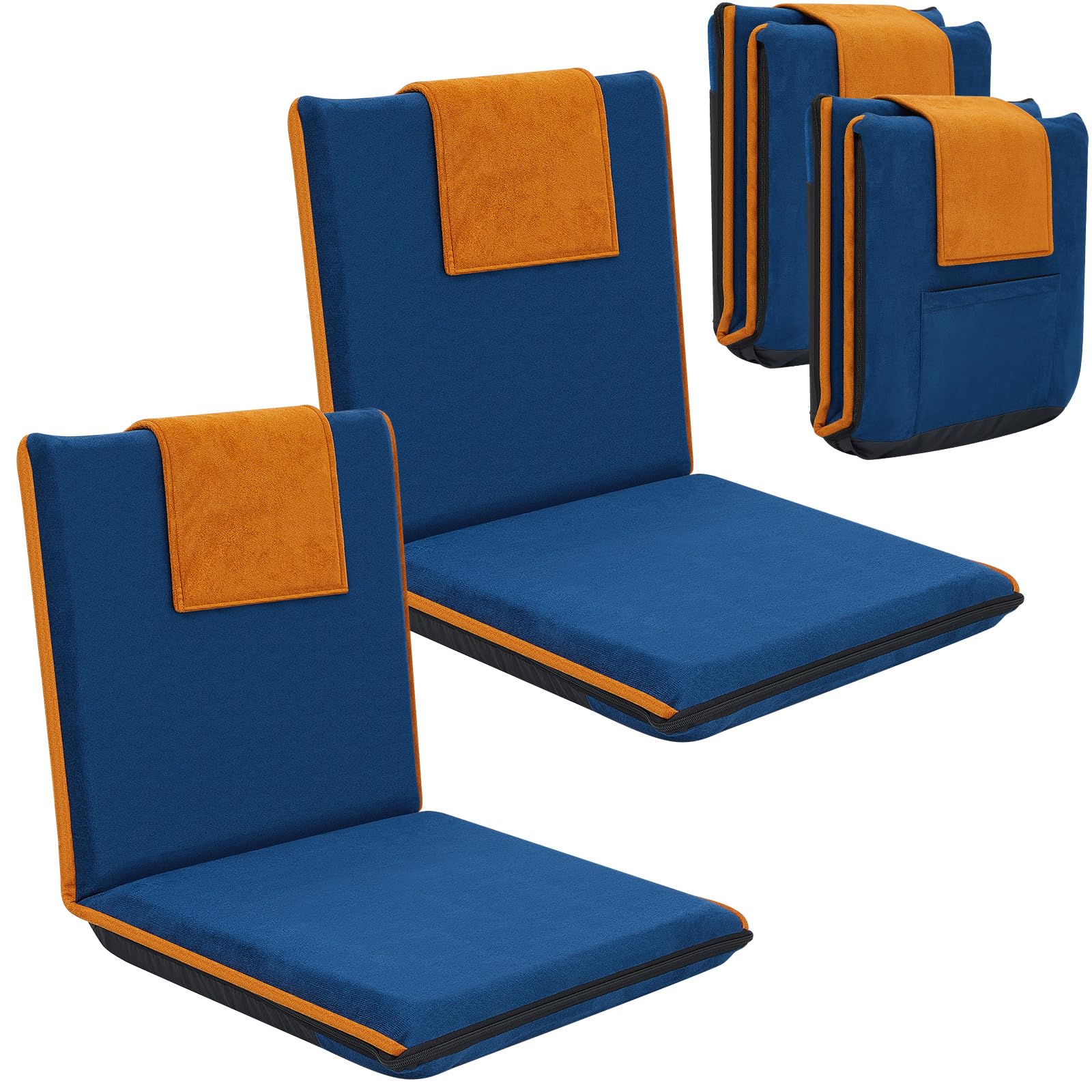 Photo 1 of 2 Pcs Floor Chair with Back Support Padded Floor Seating Portable Floor Seat Meditation Cushion Adjustable Fully Folding Backrest for Adult Kid Gaming Linen Washable Cover, Nylon Bottom (Blue, Khaki)