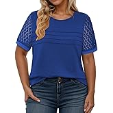 VISLILY Womens-Plus-Size-Summer-Tops Dressy Lace Short Sleeve T Shirts Casual Crewneck Blouses Trendy Pleated Tunics XL-5XL