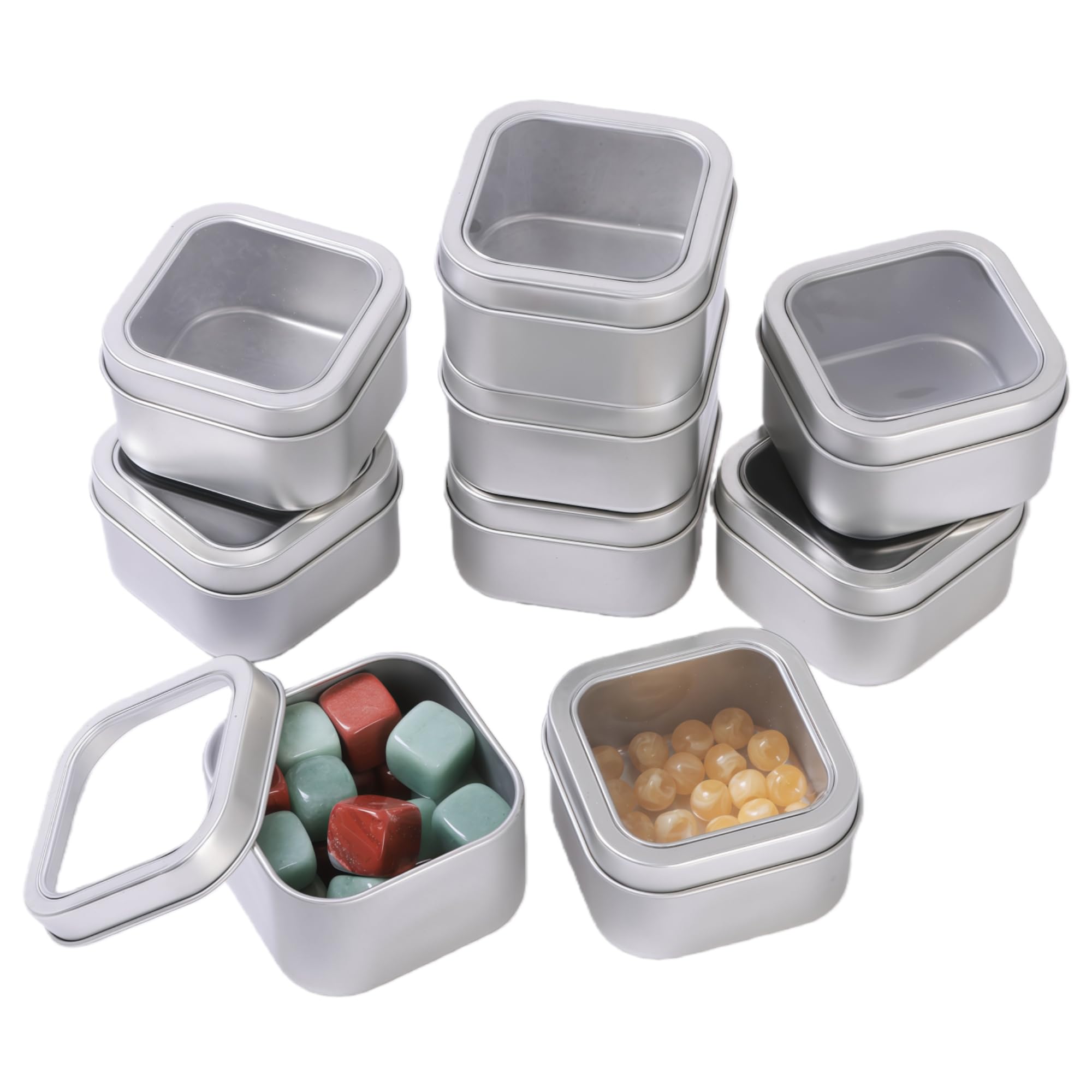 LJY 9 Pack Silver Square Metal Tins with Clear Window 6.5 x 6.5 x 3.8 cm - 4oz Candle Tins for Candle Making, Storage Tins with Lids for Lip Balm, Crafts and Travel Pots Organiser