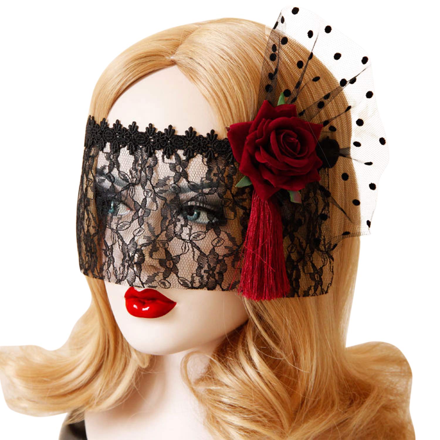 XGOPTS Women Halloween Lace Mask Half Face Lace Masks Cosplay Eye Masks with Red Rose for Halloween Christmas Venetian Carnival Prom Ball Fancy Dress