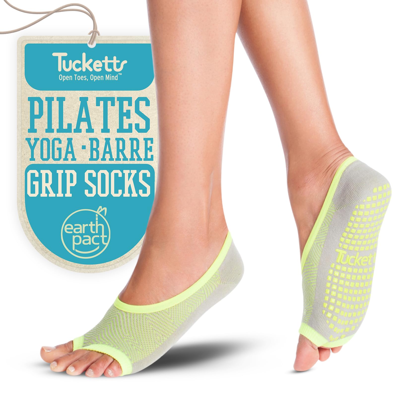 Tucketts Ballerina Toeless Non-Slip Grip Socks, Made in Colombia, Ballet Flat Style Perfect for Barre, Pilates, One Size Fits Most, 1 Pair, Grey & Lime