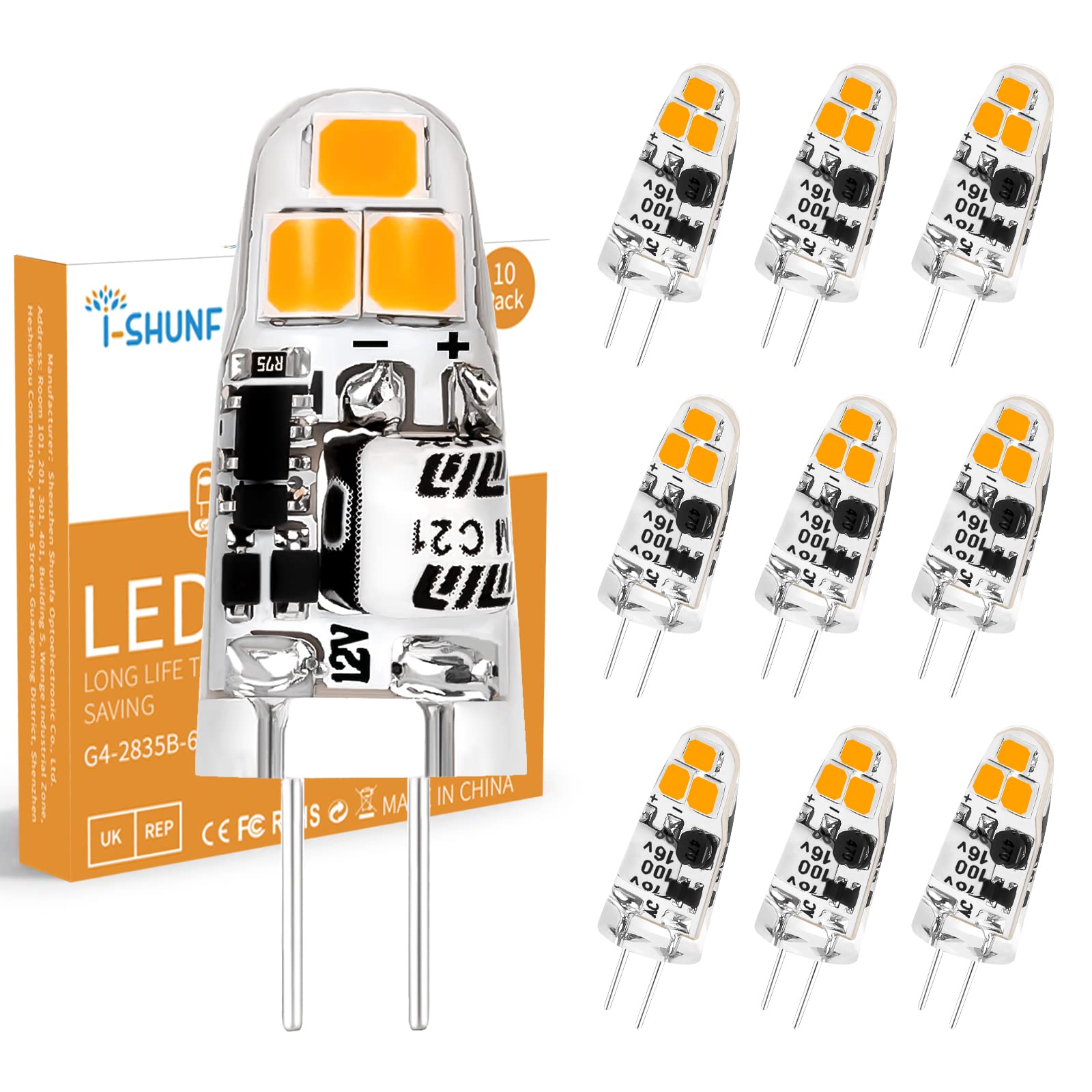 I-SHUNFA 12V G4 LED Bulb,1.2W AC/DC 120LM Warm White 3000K Equivalent to 15W/20W Halogen Lamps Replacement,Non-dimmable,Highly Transparent Silicone,Crystal Spotlight Bulb 10Pack — image 1