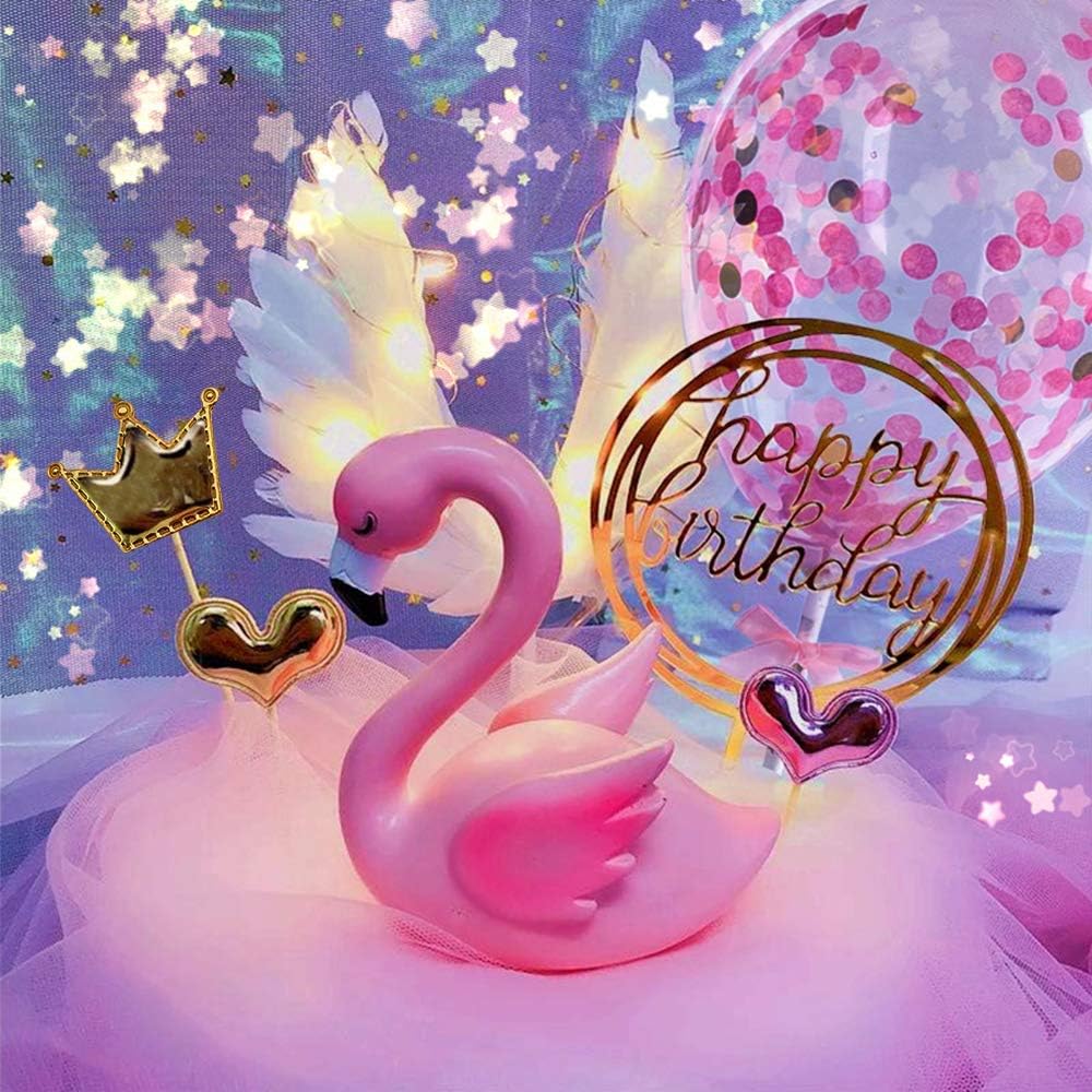 Accessoires De Decoration Plume 2 Forme De Coeurs Aprildecember Lot De 9 Decorations De Gateau Flamant Rose Couronne Lumiere Led Ballon Base De Figurines Flamant Rose Happy Birthday Cuisine