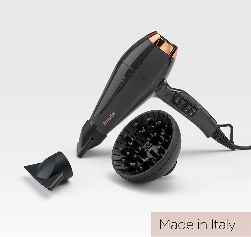 Asciugacapelli MADE IN ITALY Air Pro, Motore AC Phon Capelli Professionale, 2200W, Diffusore Capelli Ricci, funzione anti-crespo, 2 velocità - 2 impostazioni di calore, nero, 6719DE