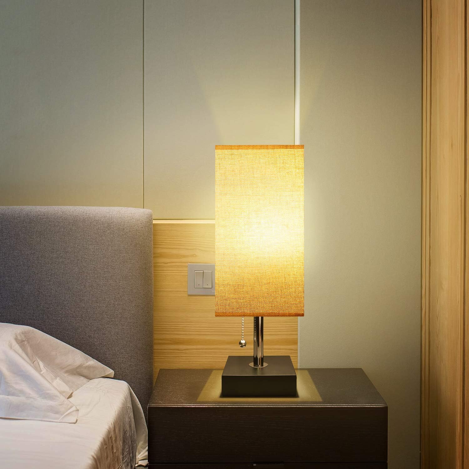 USB Table Desk Lamp, Grey Bedside Nightstand Lamp with USB Charging Port, Solid Wood Unique Lampshade,Convenient Pull Chain for Bedroom Living Room: Home Improvement
