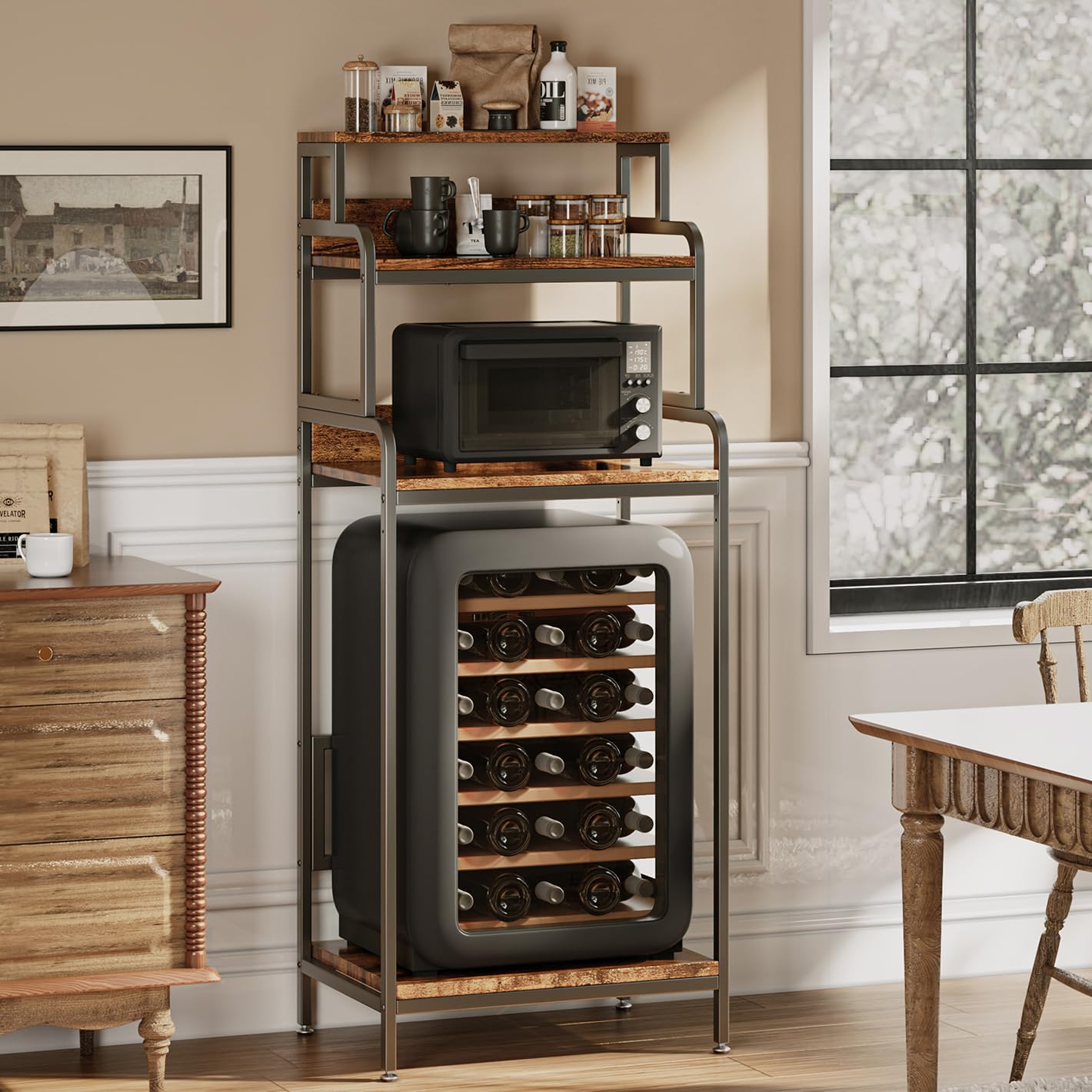 Photo 1 of COCOLUCKY 4-Tier Mini Fridge Stand with Storage,Mini Fridge Cabinet with Storage,Microwave Stand,Bakers Rack,Microwave Oven Stand with Storage,Mini Fridge Shelf for Home Office Dorm (Vintage Brown)