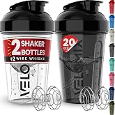 VELOMIX 2 Pack 20oz Protein Shaker Bottle for Protein Mixes, Black/Transpar | 2x Wire Whisk, Leak Proof Shaker Cups for Protein Shakes, Stackable, Dishwasher safe, BPA free, Pre Workout and Fitness ready