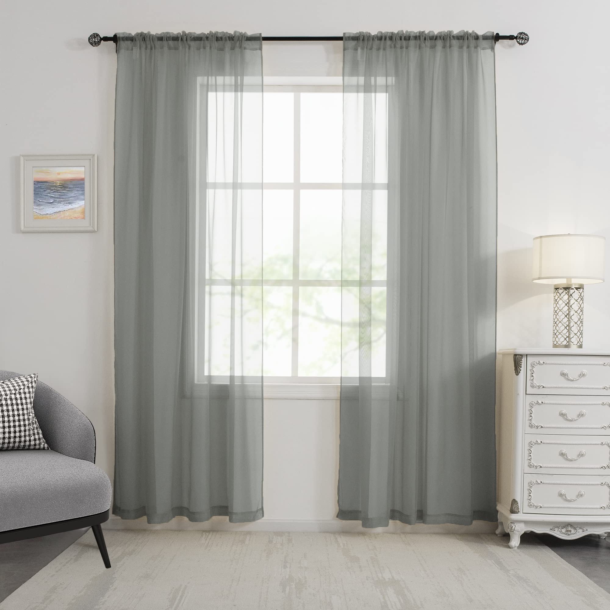 HUTO Sage Grey Sheer Window Curtains 108 Inches Long for Bedroom Girls Rod Pocket Window Sheer Panels Drapes 2 Panels Curtains for Living Room Canopy Bed Nursery