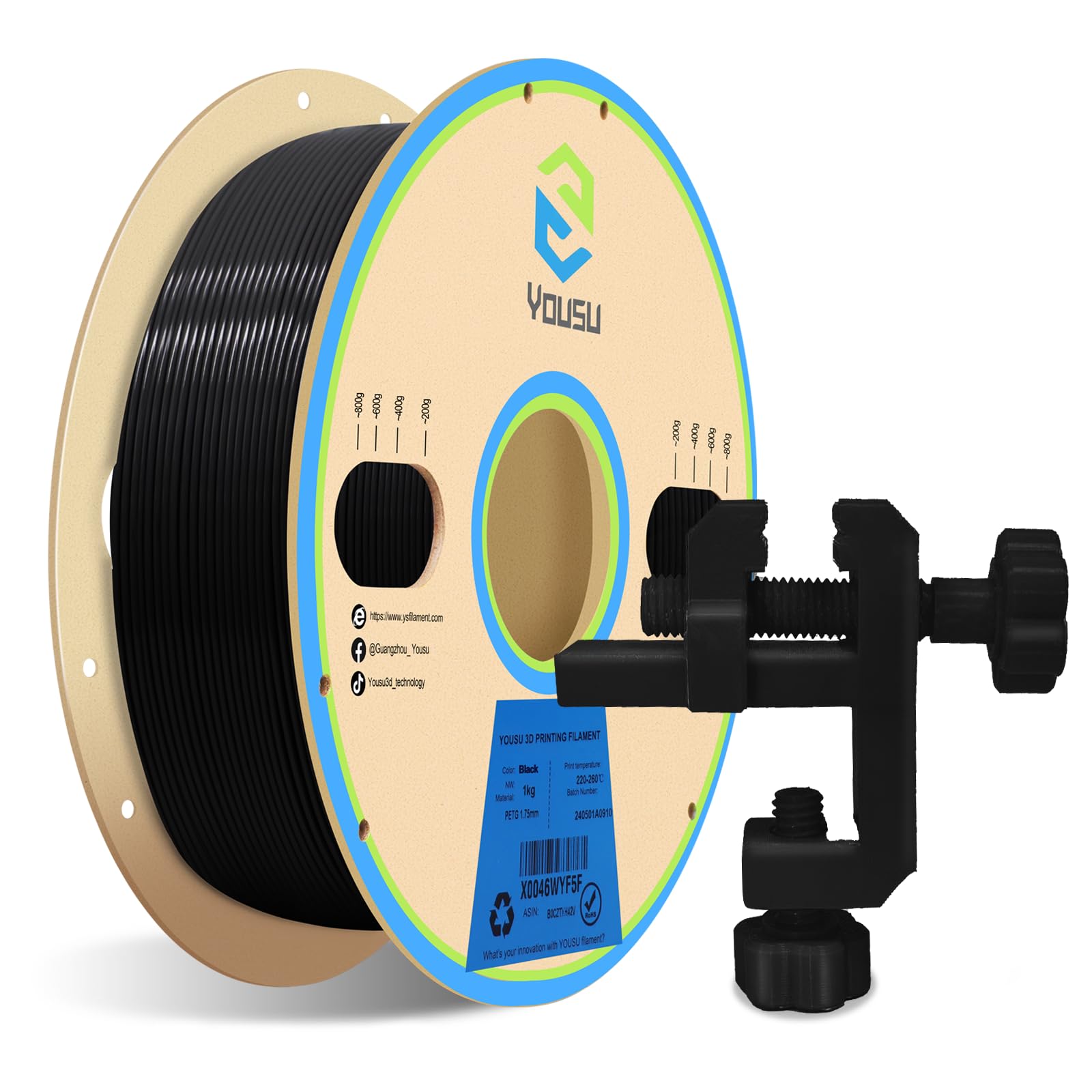 YOUSU PETG 3D Printer Filament 1.75mm Black