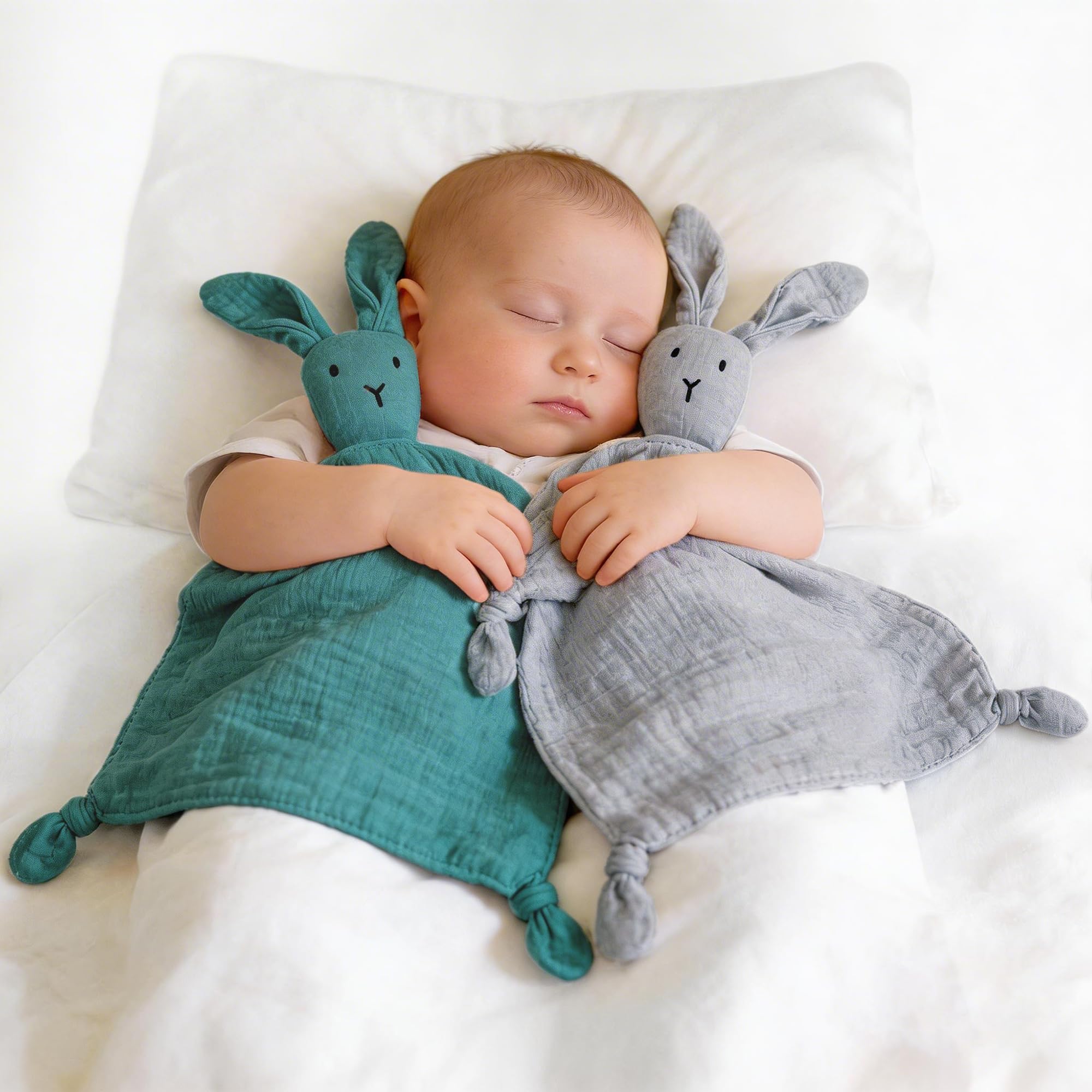 ZIGJOY Baby Comforter Blanket Muslin Cotton Security Blanket Bunny Lovey Boy Girl Unisex Soft Baby Gift for Infant Newborn Toddler, Grey & Blue