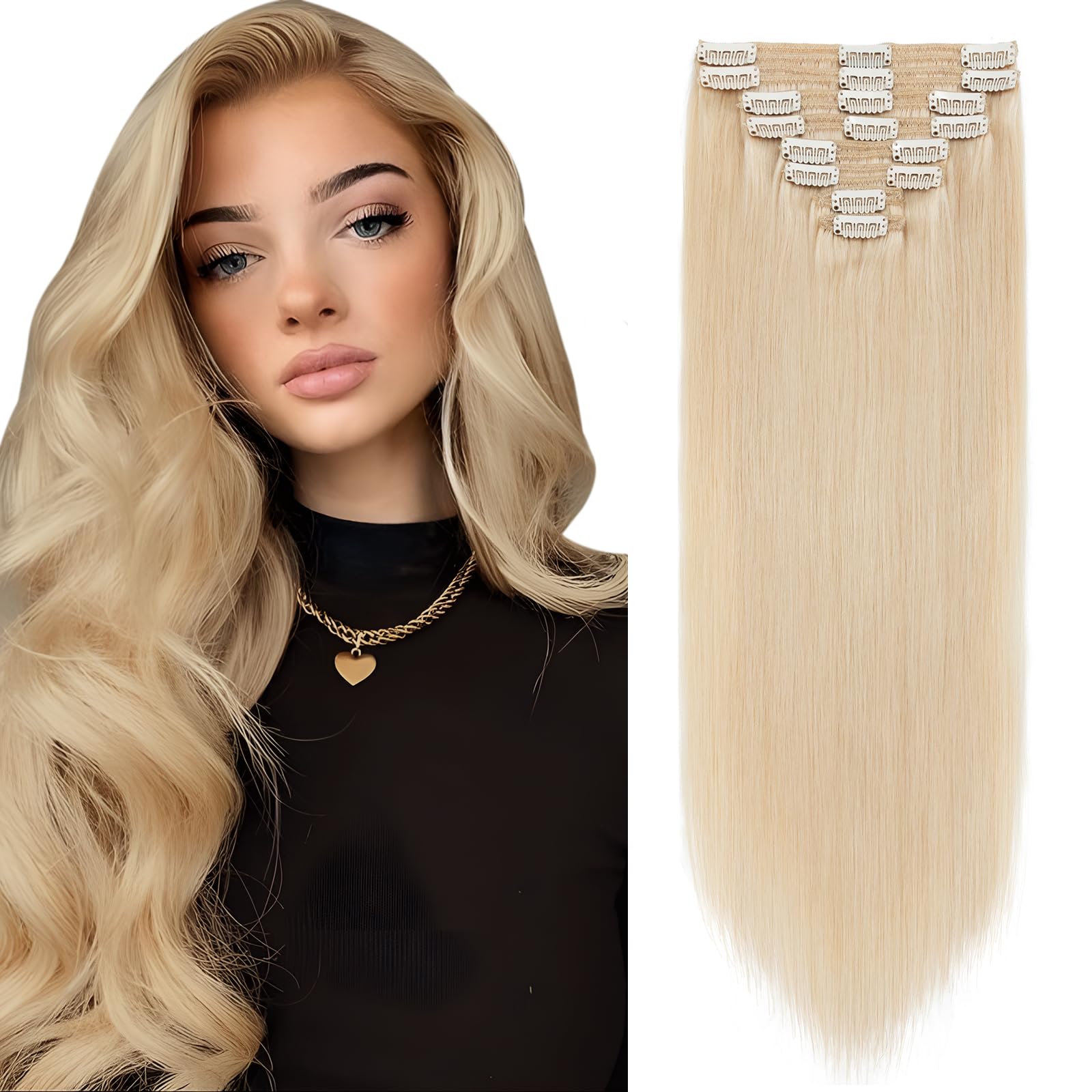 Elailite Double Weft Clip in Hair Extensions Real Human Hair Thick 8 Pieces Full Head Straight - #24 Natural Blonde - 22 Inch (160 g)