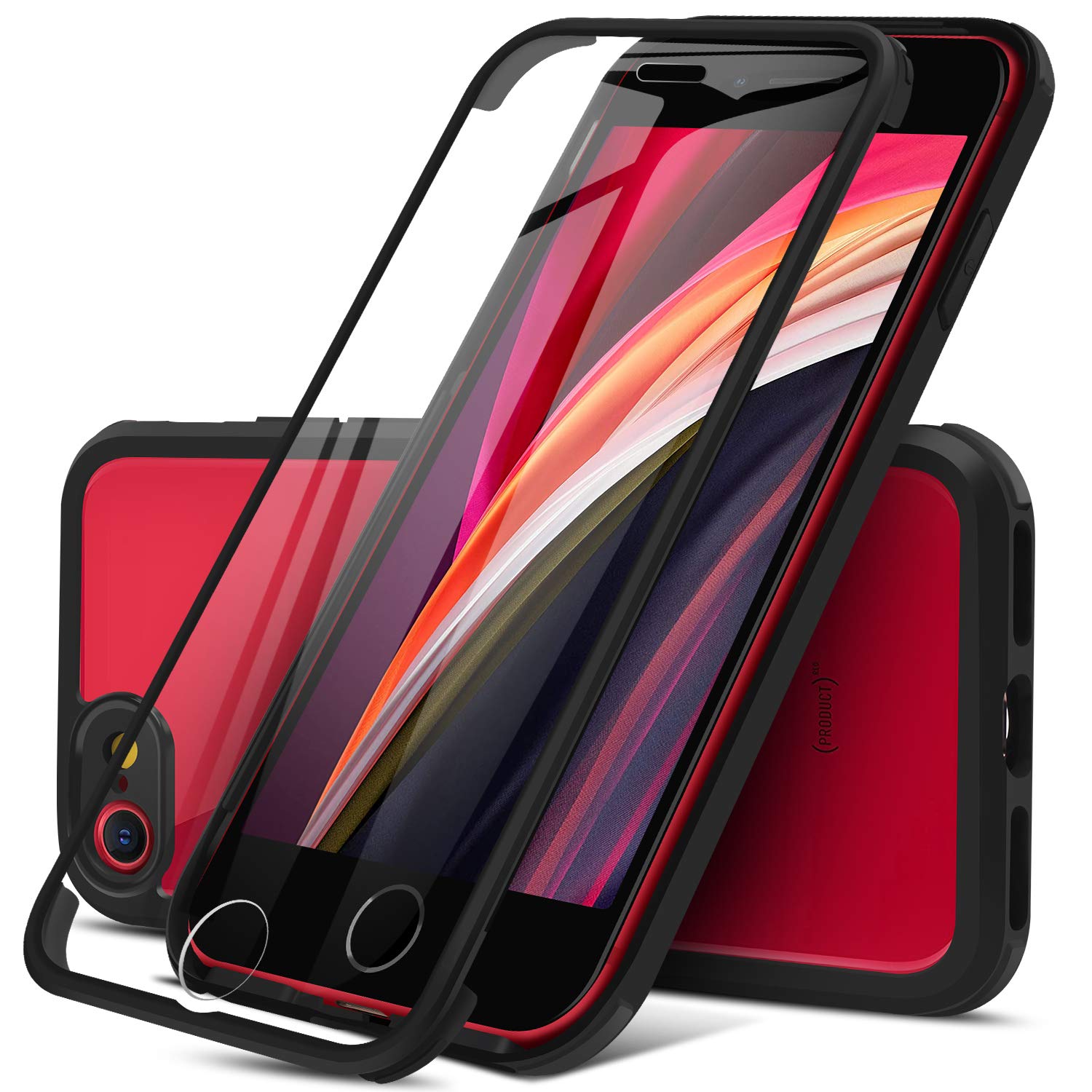 DOSNTO Double Sided Clear Case for iPhone SE 2022/SE 2020/8/7 (4.7''), Front and Back Full 360 Shockproof Drop Protection Phone Case Built-in Tempered Glass Screen Protector Rugged Phone Cover, Black