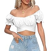 COOUFE Women's Crop Tops Ruffle Short Sleeve Tie Back Summer Off Shoulder Top Blouse