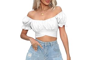 COOUFE Women's Crop Tops Ruffle Short Sleeve Tie Back Summer Off Shoulder Top Blouse