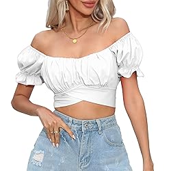COOUFE Women's Crop Tops Ruffle Short Sleeve Tie
