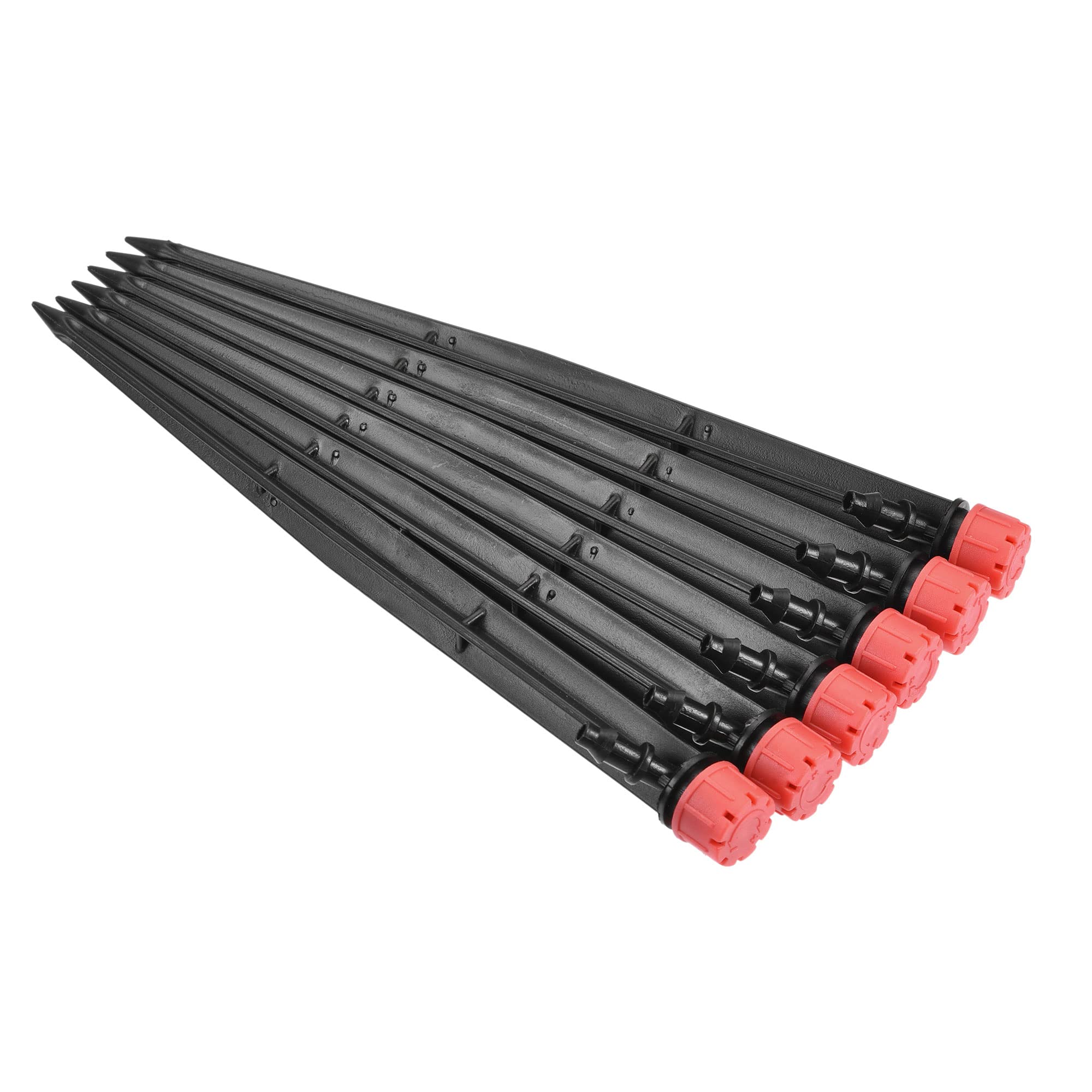M METERXITY 50 Pack Drip Emitters - Garden Lawn 8 Holes 360 Degree Irrigation Dripper Sprinklers with Stakes Apply to Watering System (185mm Red, Black)