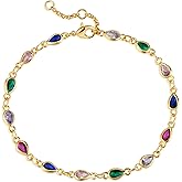 MEVECCO Gold Multi Color Teardrop Bracelet,14K Gold Plated Multicolor CZ Chain Bracelets Dainty Minimalist Handmade Link Bracelet for Women