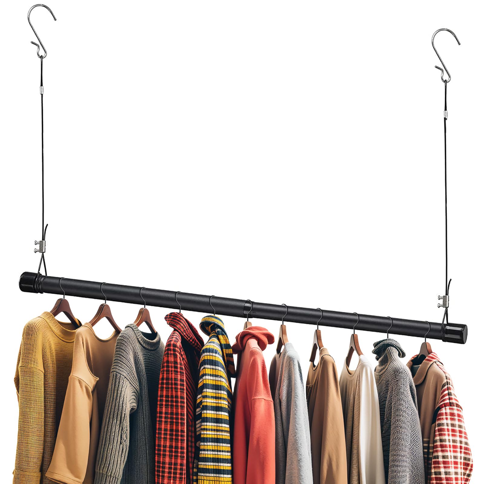 Stainless Steel Hanging Clothes Rail, 38-101 cm, Telescopic & Adjustable Clamping Rod, Extendable Wardrobe Rail, Matte Black