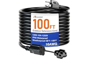 BBOUNDER 100 FT Outdoor Extension Cord Waterproof, Black 16/3 SJTW Heavy Duty 10A 1250W, Flexible 100% Copper 3 Prong Cords for Lawn, Garage