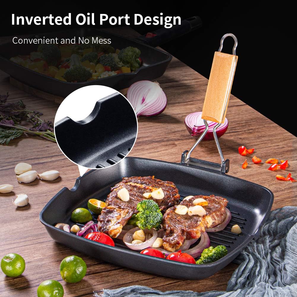 SKY LIGHT Grill Pan, 11 inch Portable Nonstick Frying Pan for Steak, Fish and BBQ, 3.5 mm Forged Deep Square Griddle Pan with Easy Grease Draining, Filter, Folding Handle Induction Skillets: Kitchen & Dining