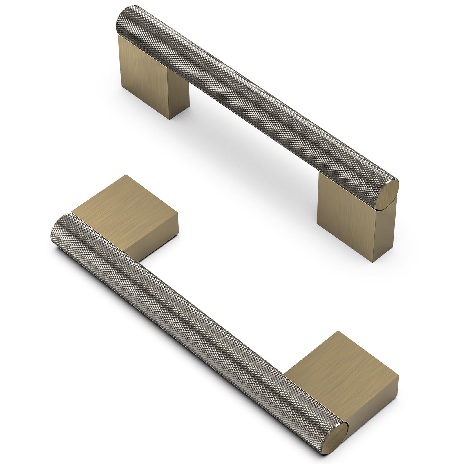 FURNIWARE Pack of 10 Vintage Cabinet Handles, Knurled 96 mm Hole Spacing, Shiny Antique Brass for Kitchen Drawers, Cabinets, Cupboards