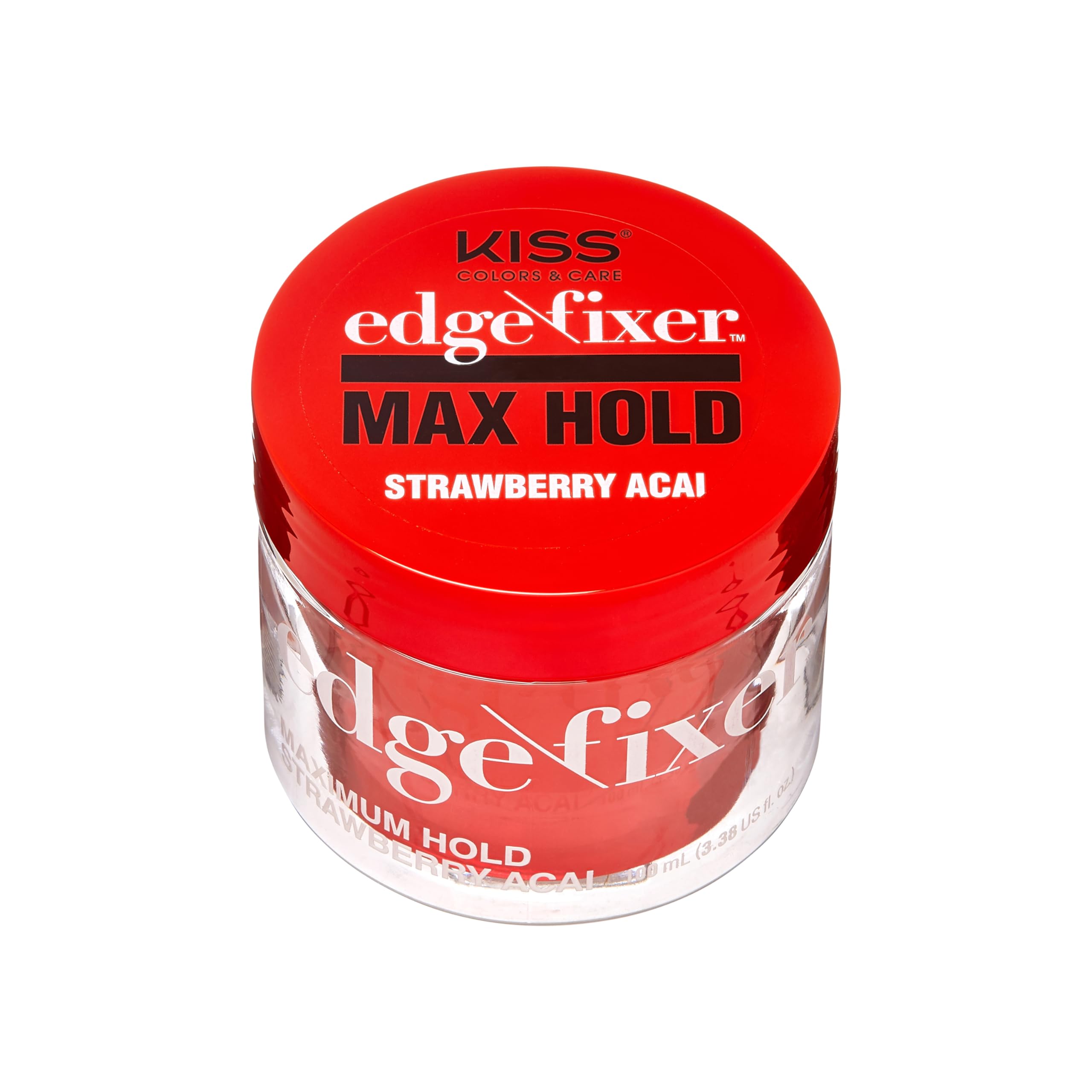 KISS COLORS & CARE Maximum Hold Edge Fixer, Non-Greasy Gel Formula Infused With Biotin B7, 24 Hour Hold, ‘Strawberry Acai’ Scented, 3.38 Fl. Oz. (100 ml)