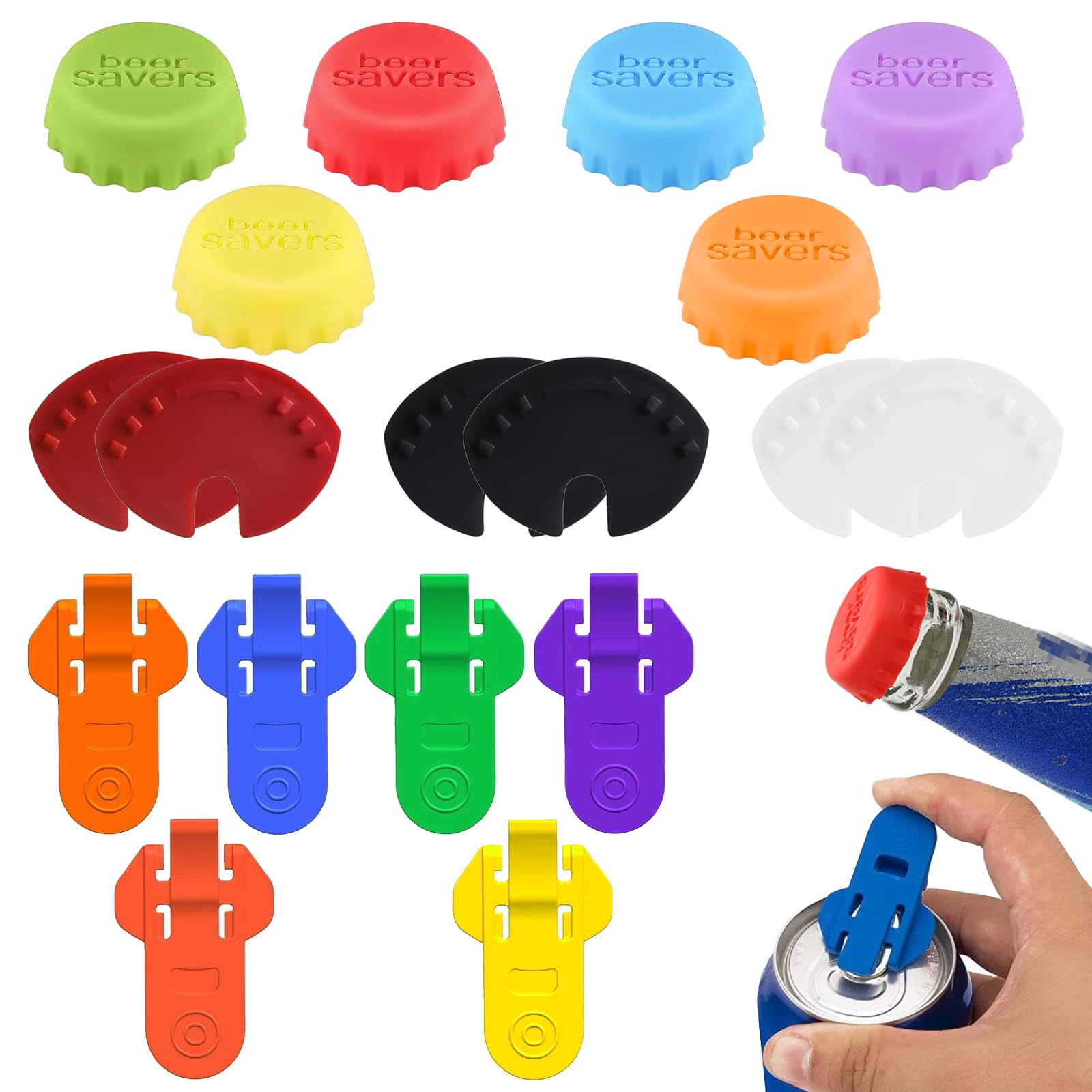 RANYAKE 12 Beverage Can Covers Lids & 6 Easy Openers, Silicone Lids, Modern Design, Black, White, Red, Purple, Blue, Green, Yellow, ABS, Silicone