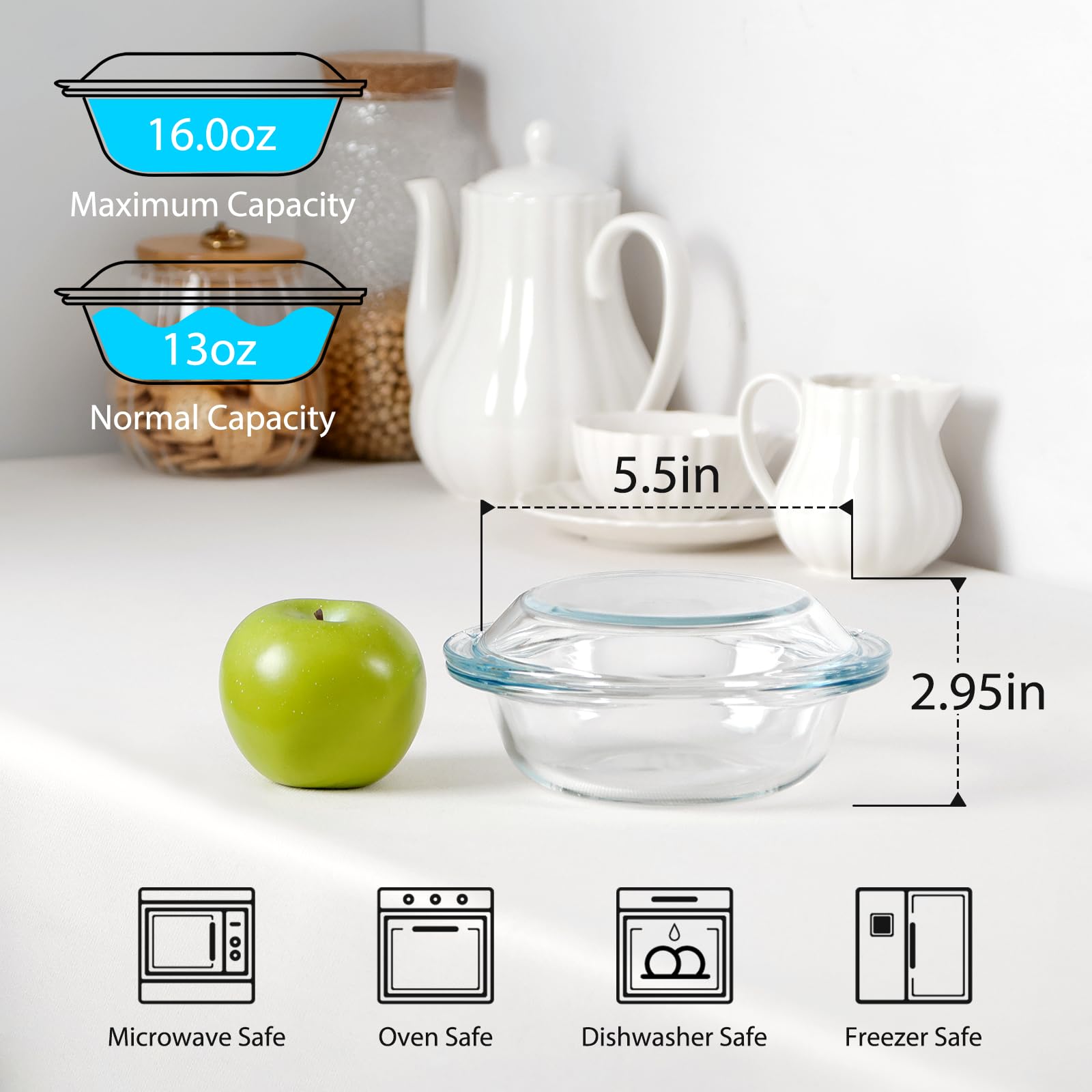 13OZ Mini Glass Casserole Dish With Lid, 5.5in Oven Safe Bakeware with Handles, Microwave Oven Safe Glass Bowl with Lid