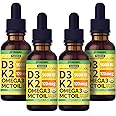 (4 Pack) Organic Vitamin D3 K2 Drops with MCT Oil Omega 3, Maximum Strength Vitamin D Liquid 5000 IU, No Fillers, Non-GMO Liquid D3 for Faster Absorption and Immune Support (Pineapple, 4 Fl Oz)