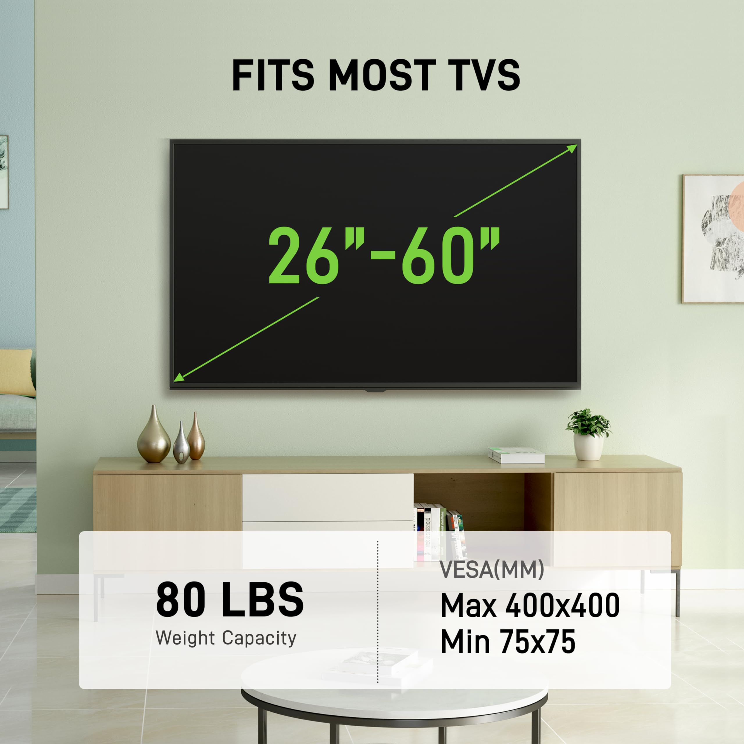 USX MOUNT Full Motion Wall Mount for 26–60 inch Flat & Curved TVs up to 80 lbs, Wall Mount TV Bracket with Swivel, Single Articulating Arm,Tilting, Level Adjustable, Max VESA 400x400mm