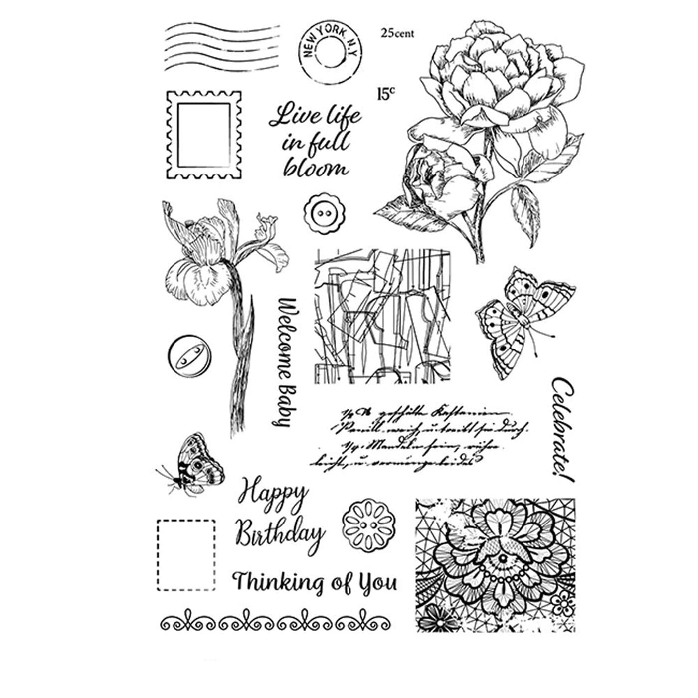 arriettycraft Vintage Style Rose Flower Clear Stamps for Card Making or Journaling, Postage Butterfly English Words Background Silicone Stamps forScrapbooking Photo Album Paper Crafting Decoration