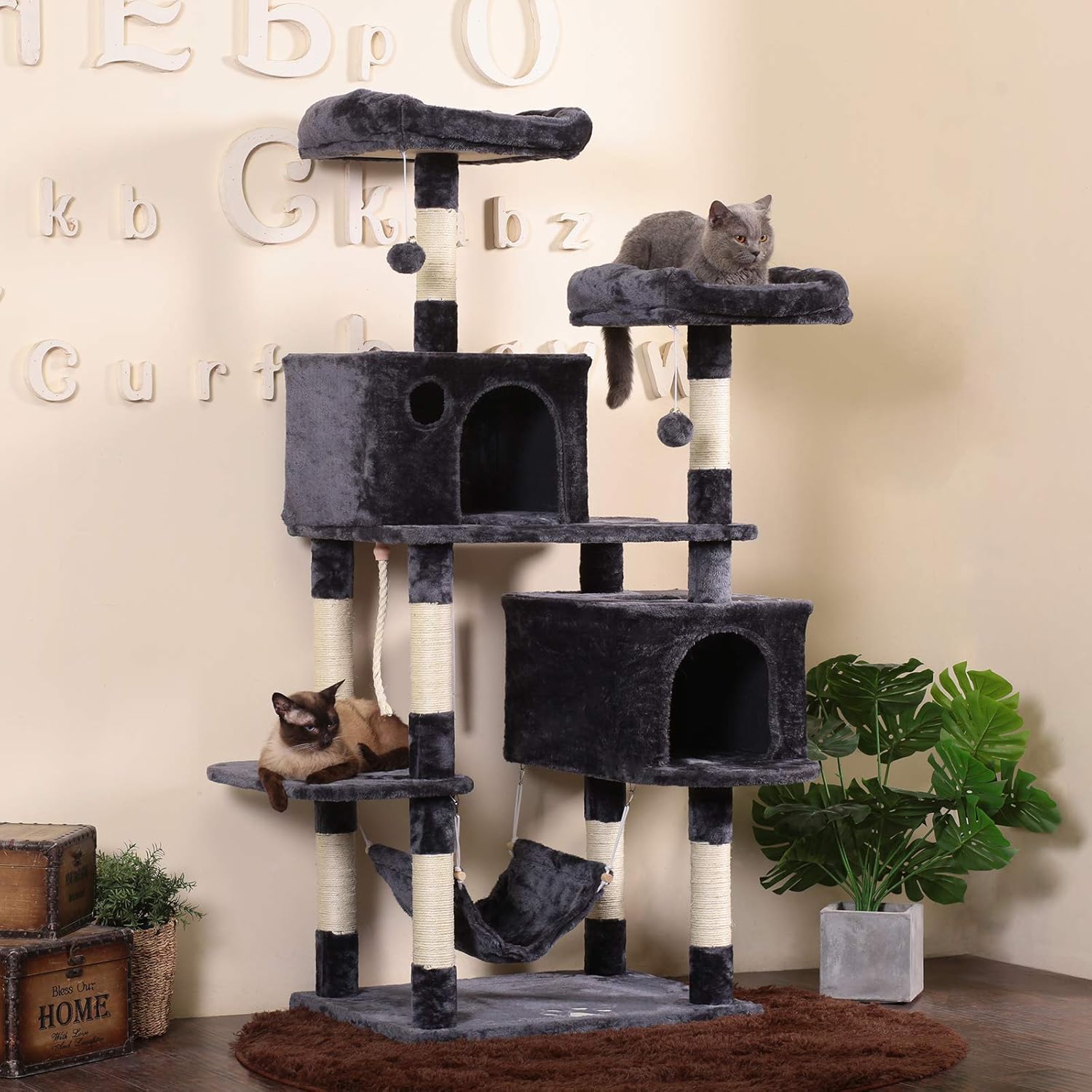 Hey-brother Large Multi-Level Cat Tree Condo Furniture with Sisal-Covered Scratching Posts, 2 Bigger Plush Condos, Perch Hammock for Kittens, Cats and Pets Smoky Gray MPJ020G : Pet Supplies