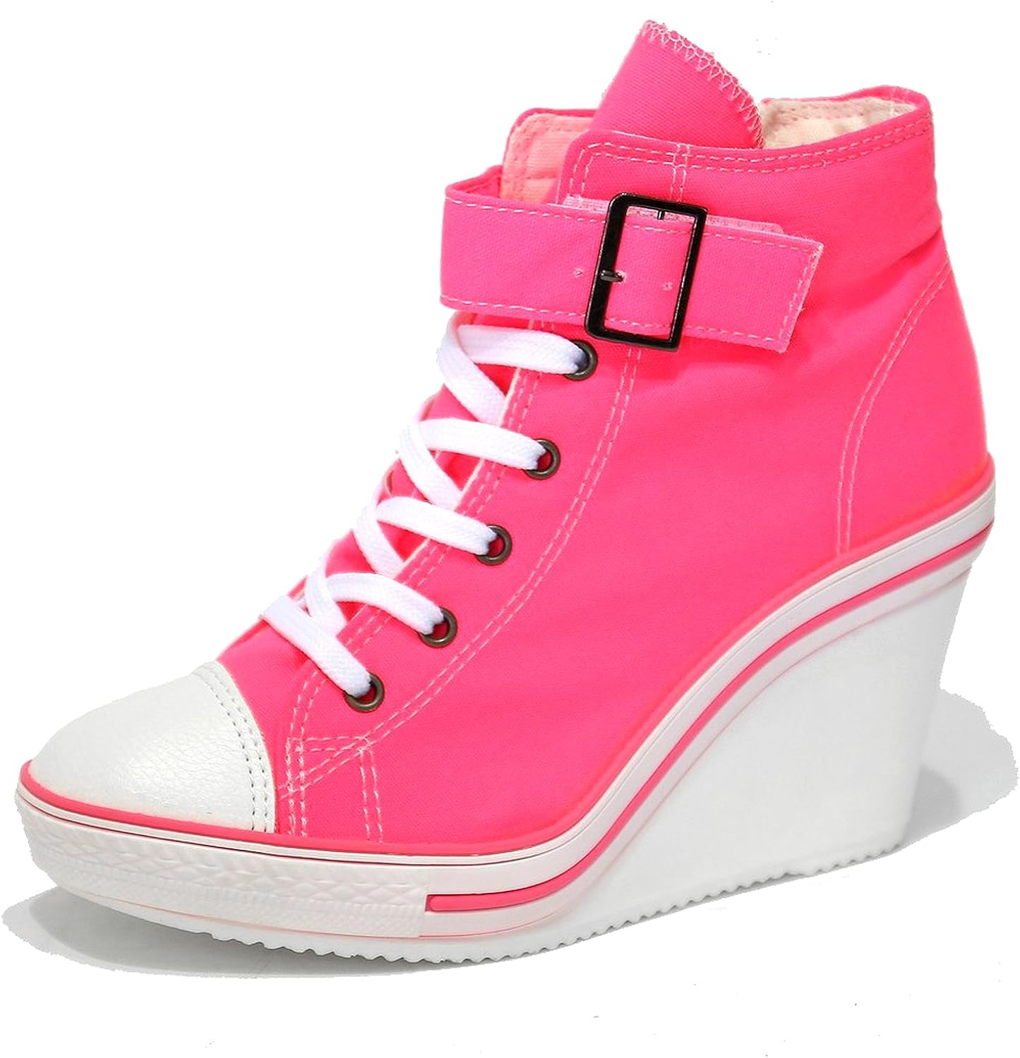 Womens Pink Canvas Buckle Wedge Sneakers Zip