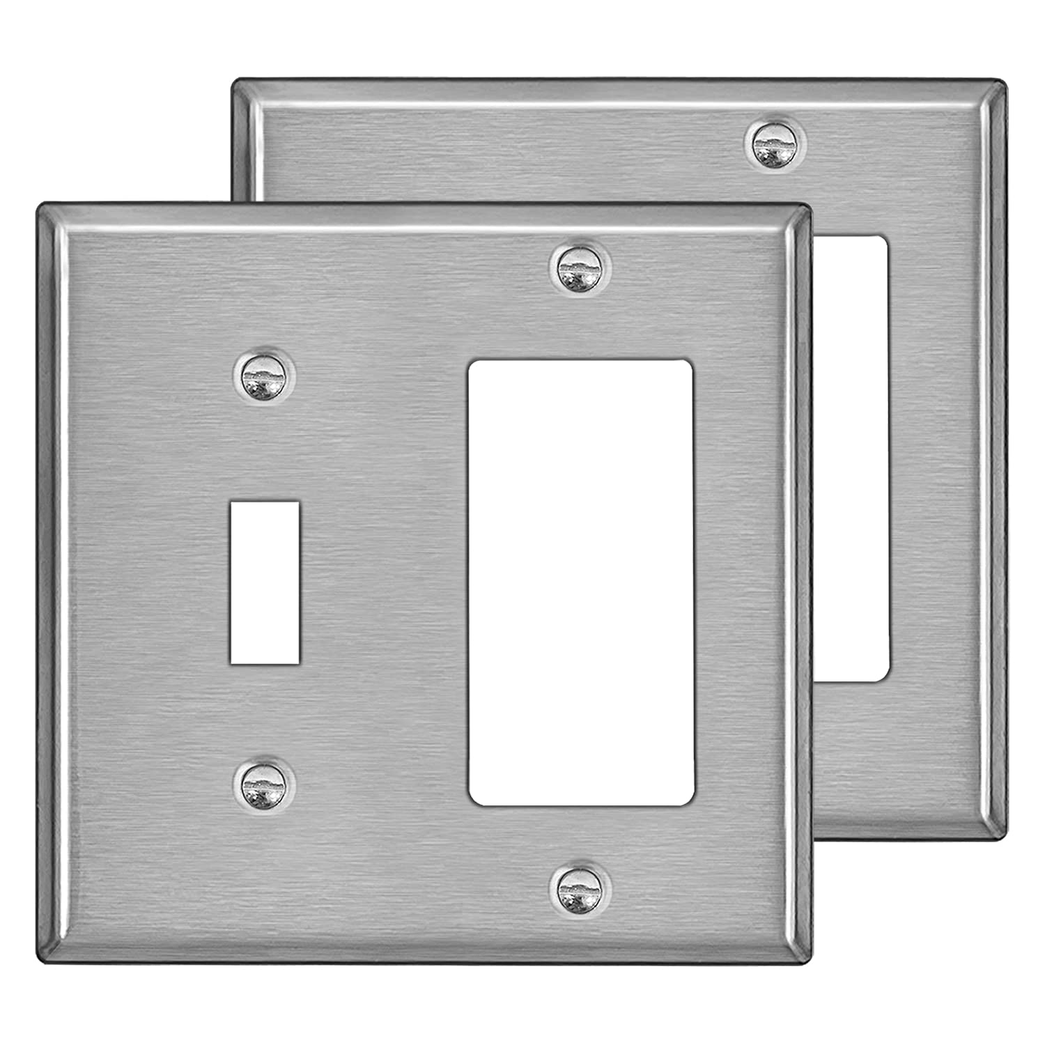Photo 1 of [2 Pack] BESTTEN 2-Gang Combination Metal Wall Plate, 1-Toggle/1-Decor, Standard Size, Corrosion-Resistant Stainless Steel Outlet and Switch Cover, Silver, Brushed Finish