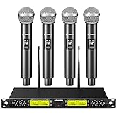 Wireless Microphones System,Aokeo 4 Channel UHF Wireless Mics,with 4 Handheld Dynamic Microphones,Metal Receiver for Karaoke,