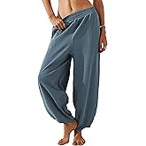Springrain Womens Baggy Wide Leg Pants Cotton Elastic Waisted Loose Palazzo Harem Pants with Pockets