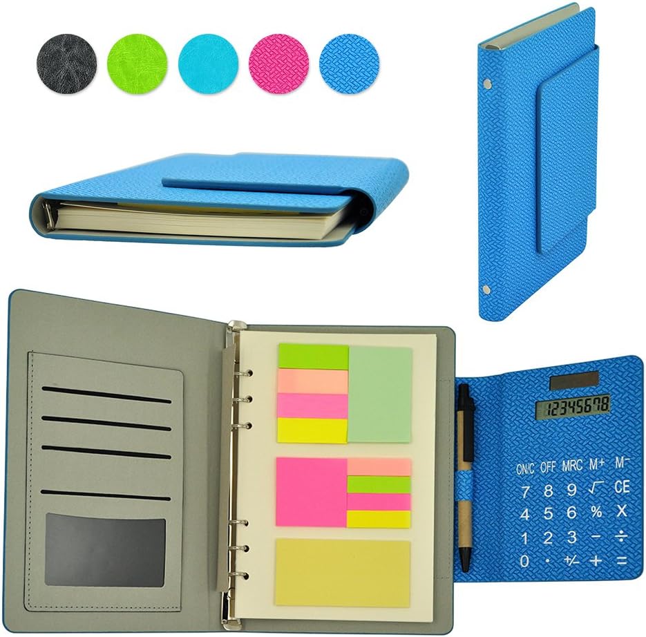 KHHK 8.5" Multifunctional Leather Notebooks Back to School Loose Leaf Binder Notebook Personal Organiser with Memo Notes and Solar Power Caculator