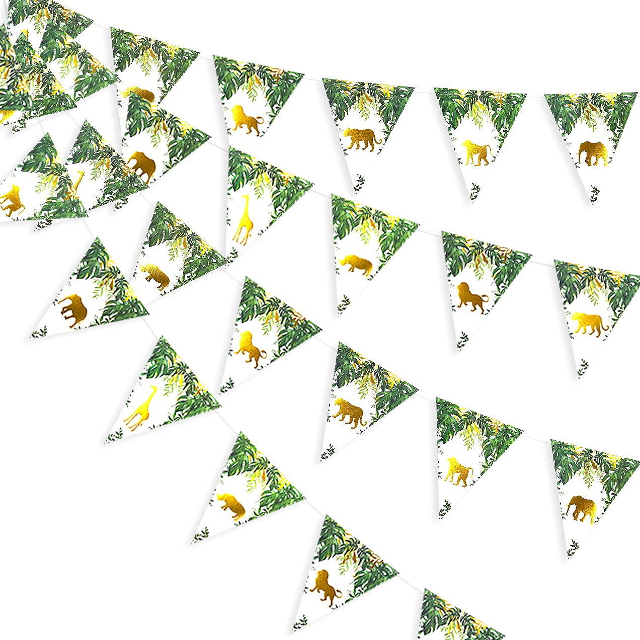 36 Ft Gold and Green Jungle Safari Animal Bunting Banner Decorations Paper Triangle Flags Pennant Garland for Zoo Themed Baby Shower First Birthday Boys Girls Wild One Hawaiian Party Decorations