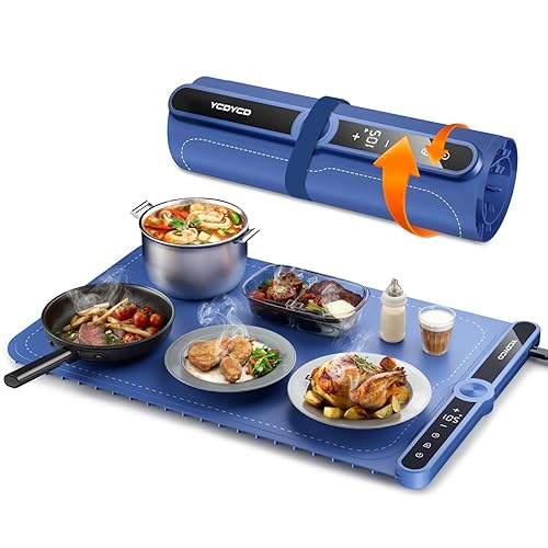 YCDYCD Electric Warming Mat for Food: Adjustable 9-Level Temperature & 1-6H Timer - Silicone Heating Tray for Kitchen Countertop, Buffets, Travel/Party Gatherings Blue