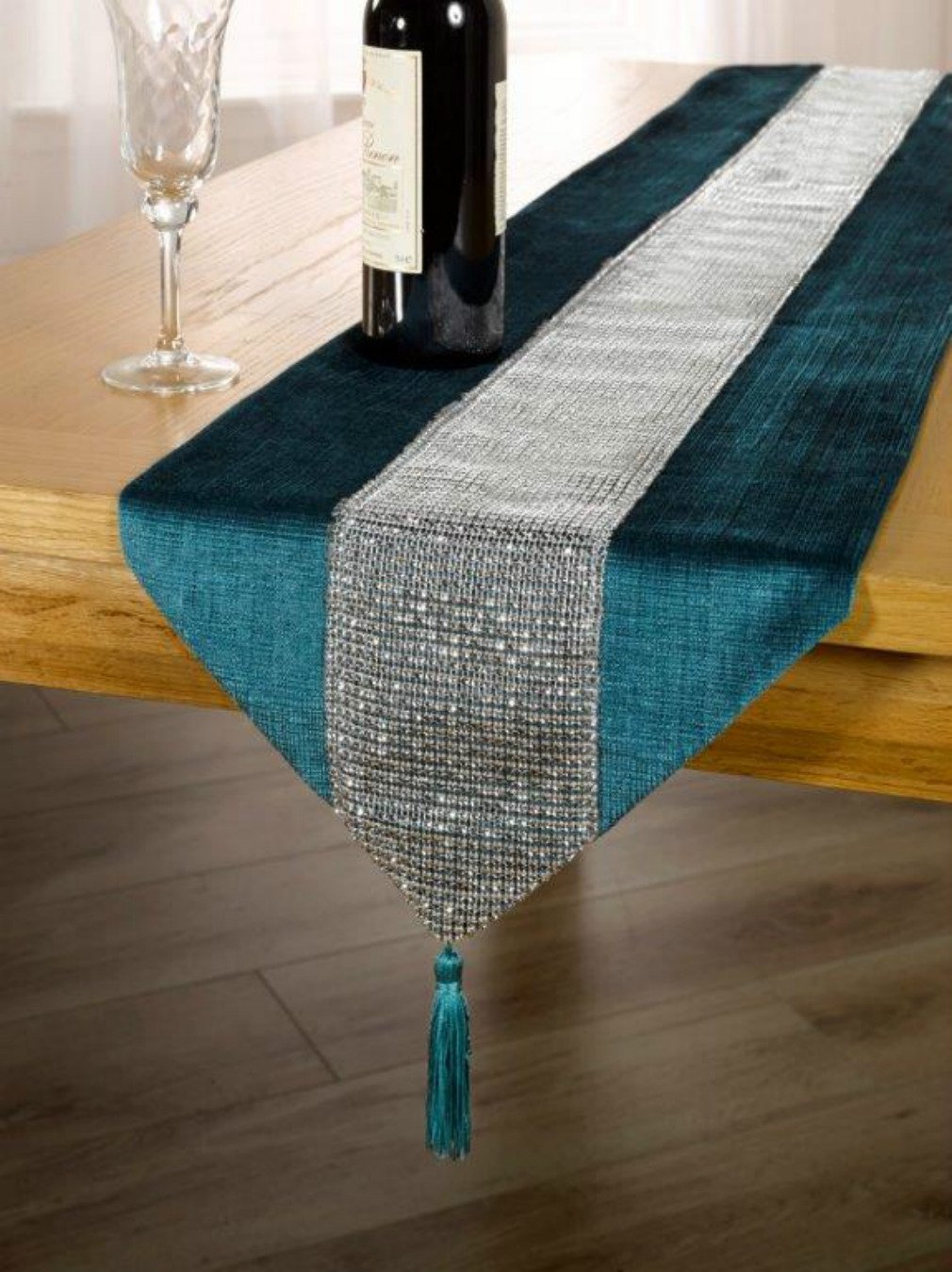 DIAMANTE STUDDED MODERN 13" X 72" (33CM X 182CM) TEAL BLUE SILVER TABLE