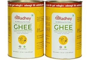 SHREERADHEY SHREE RADHEY A2 Bilona Gir Cow Ghee | Traditional Bilona Method | Cultured | Premium | Immunity Booster | Pure | Healthy | Lactose and gluten free | Keto Friendly | 1 Litre X 2 TIN
