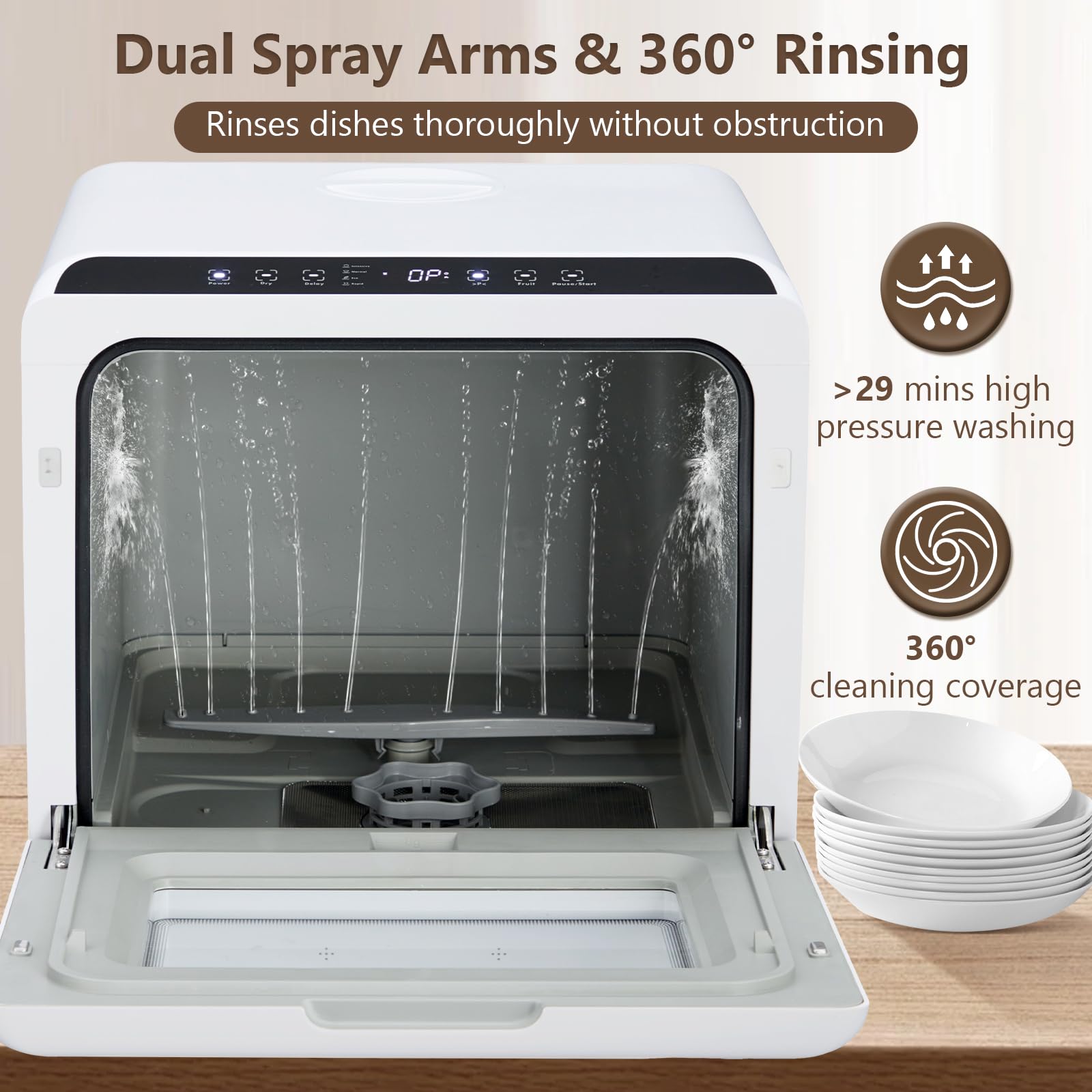Countertop Dishwasher, Portable Mini Dishwasher with 5 Washing Programs & 5-Liter Built-in Water Tank, Compact Dishwasher Glass Door, No Hookup Needed, Air-Dry Function, Dishwasher for Apartment, RV