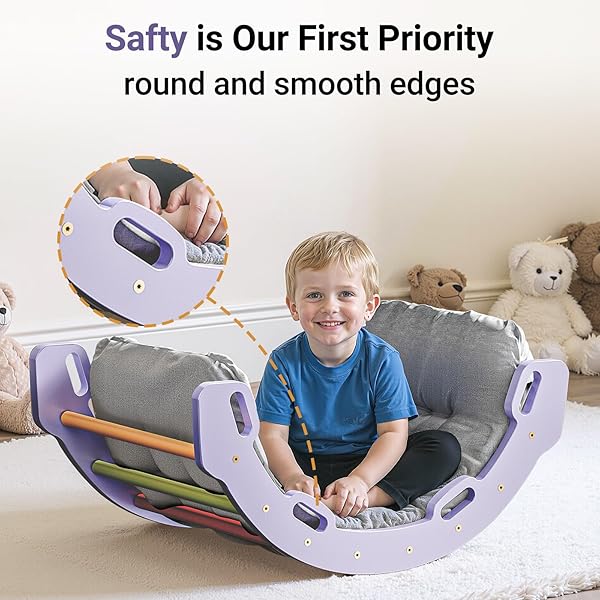COSYLAND KIDS CLIMBING ARCH ROCKER WITH CUSHION – SOLID WOODEN TODDLER CLIMBING TOYS INDOOR WITH HANDRAILS ON EACH SIDE – INDOOR PLAYGROUND ARCH PIKLER CLIMBING LADDER (PURPLE FRAME, RAINBOW STICKS)