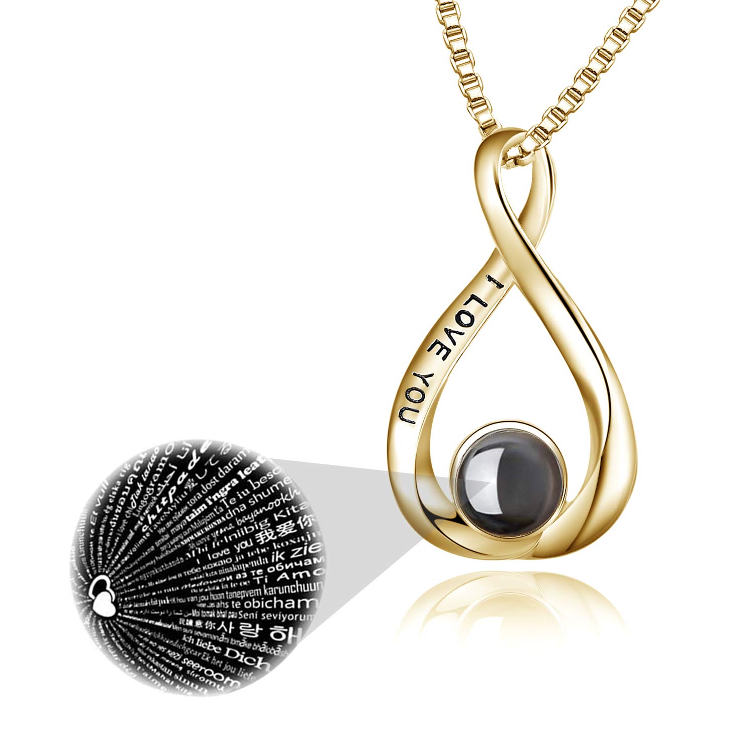 VONALA 100 Languages I Love You Necklace Sterling Silver Infinity Pendant For Women Girls (100 Languages Gold)