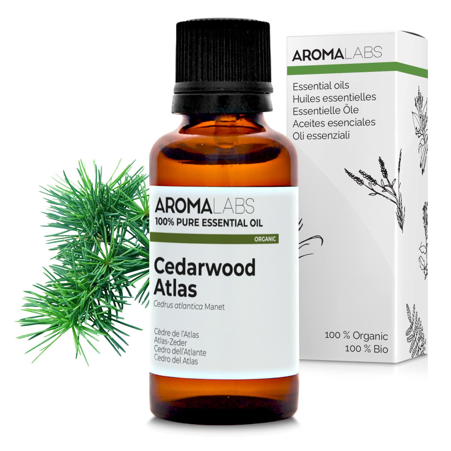 Bio - Cedarwood Atlas Essential Oil - 30mL - 100% Pure, Natural, Chemotyped and AB/Cosmos Certified - AROMA LABS (French Brand)