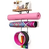 Yoga Mat Holder Wall Mount Yoga Mat Storage Home Gym Accessories with Wood Floating Shelves and 4 Hooks for Hanging Foam Roll