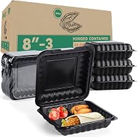 Kitchsy 3-Compartment Clamshell Food Containers – 9x9 Inch, Sugarcane/Bagasse, 200-Pack, USA Made